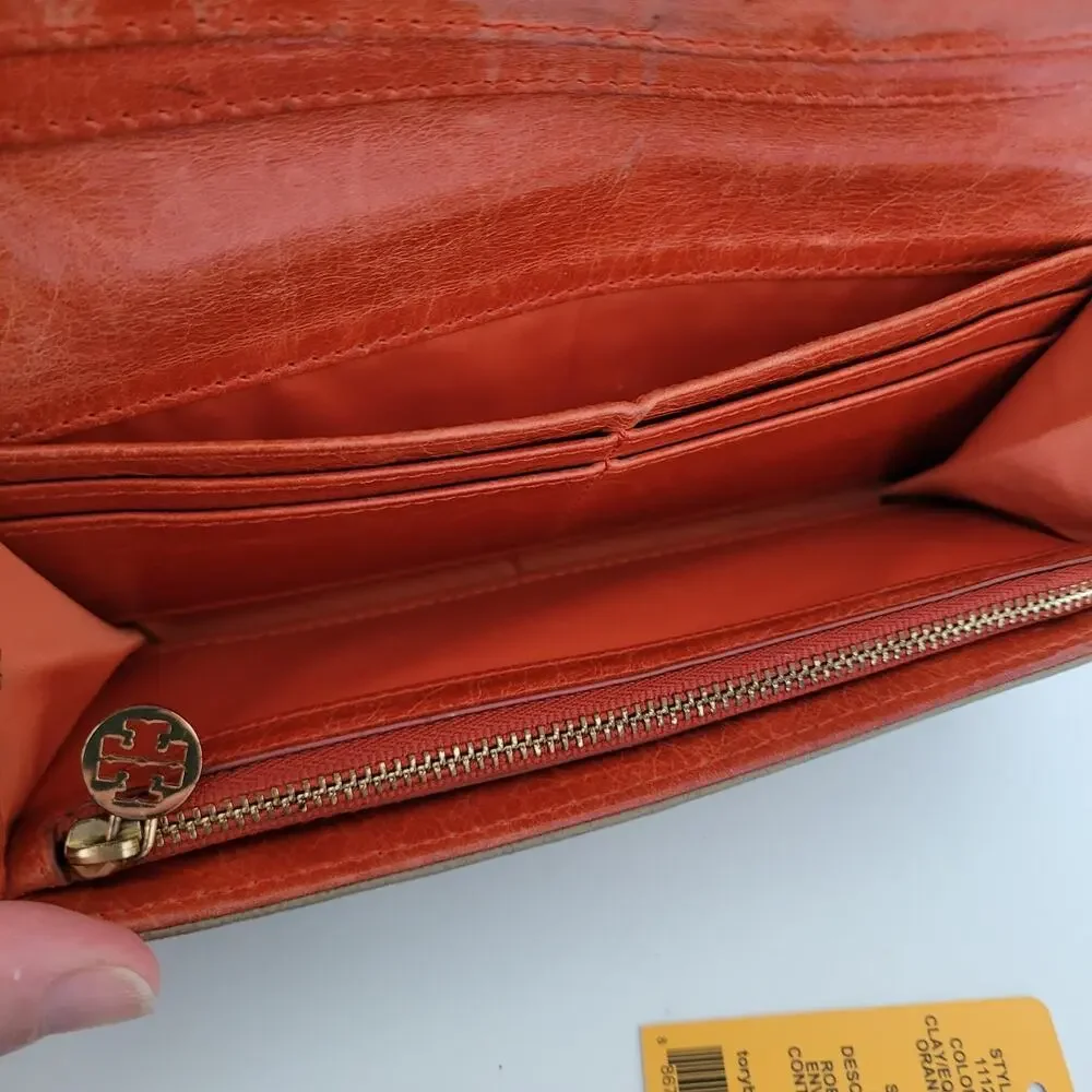 Tory Burch Robinson Wallet Clay Equestrian Orange Leather Envelope Continental